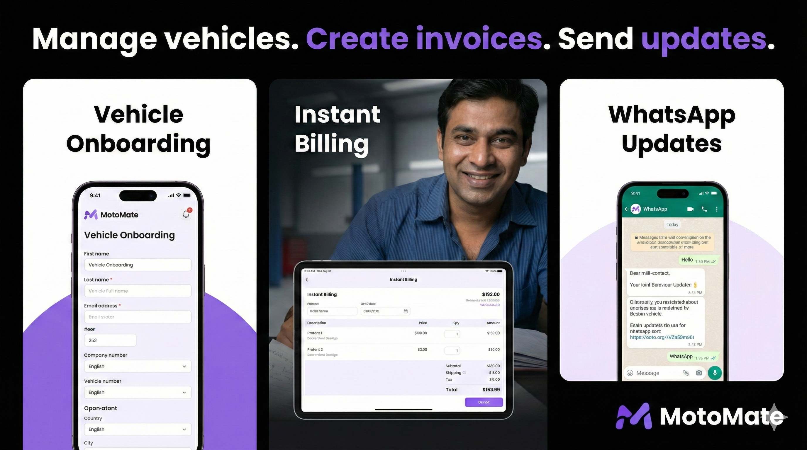 MotoMate Features - Vehicle Onboarding, Instant Billing, WhatsApp Updates